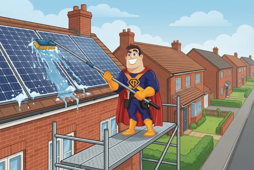 Illustration de la mascotte Captain Renov faisant un nettoyage de panneaux solaires