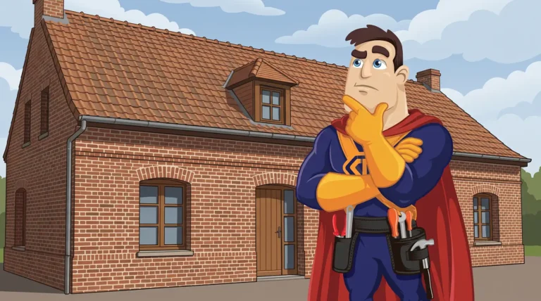 Mascotte Captain Rénov devant une maison